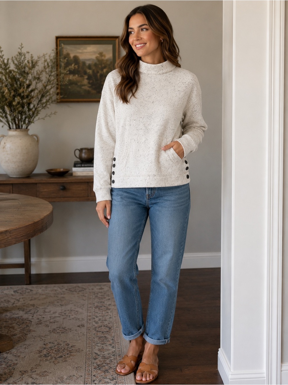 Madewell Speckled Mock Neck Sweatshirt Pullover Kangaroo Pocket Medium